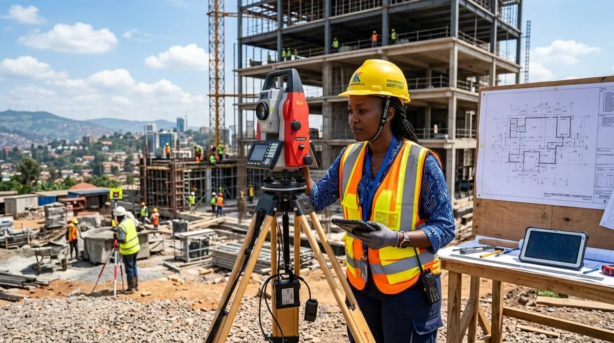 Civil engineer measuring construction site in Rwanda